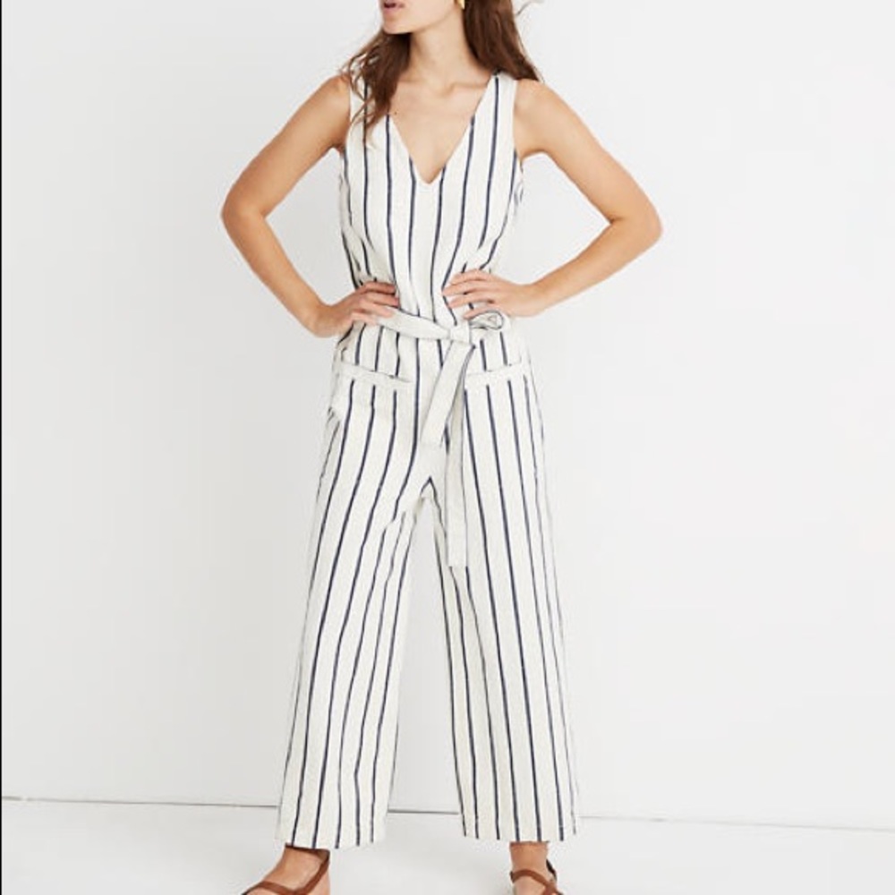 Madewell White Jumpsuit with Navy Vertical Stripes